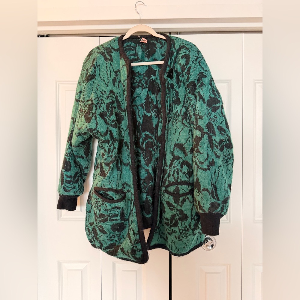 Green and Black Floral Women's Sweater